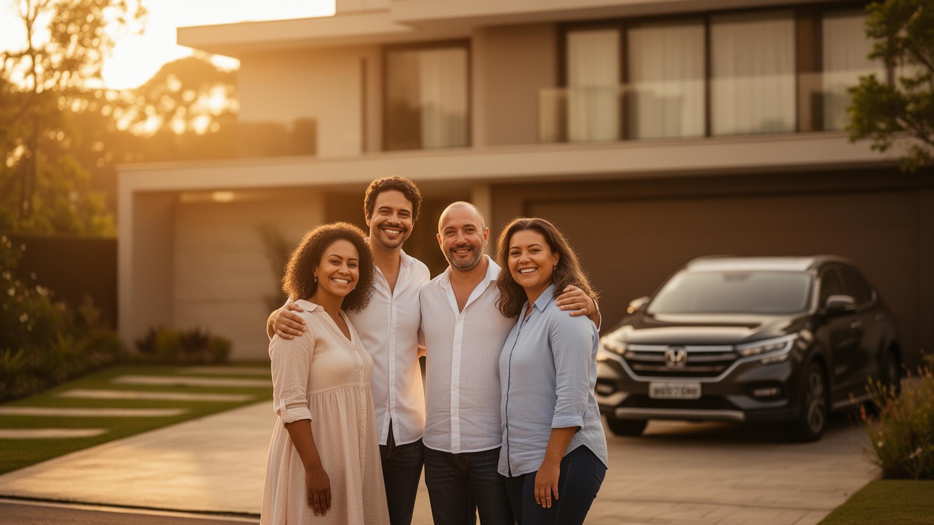 Família realizada em frente à casa e carro próprios
